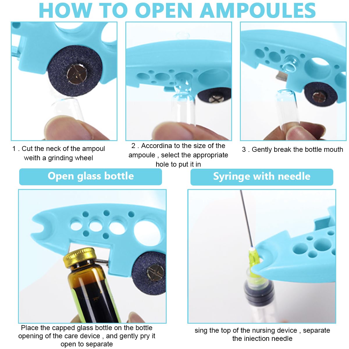 Ampule Cutter with 5 Replaceable Grinding Wheels, Ampoule Cutter for Doctors, Glass Bottle Cutter, Ampule Breaker, Suitable for Home Daily or Medical Use, Cut The Ampoule (Blue)