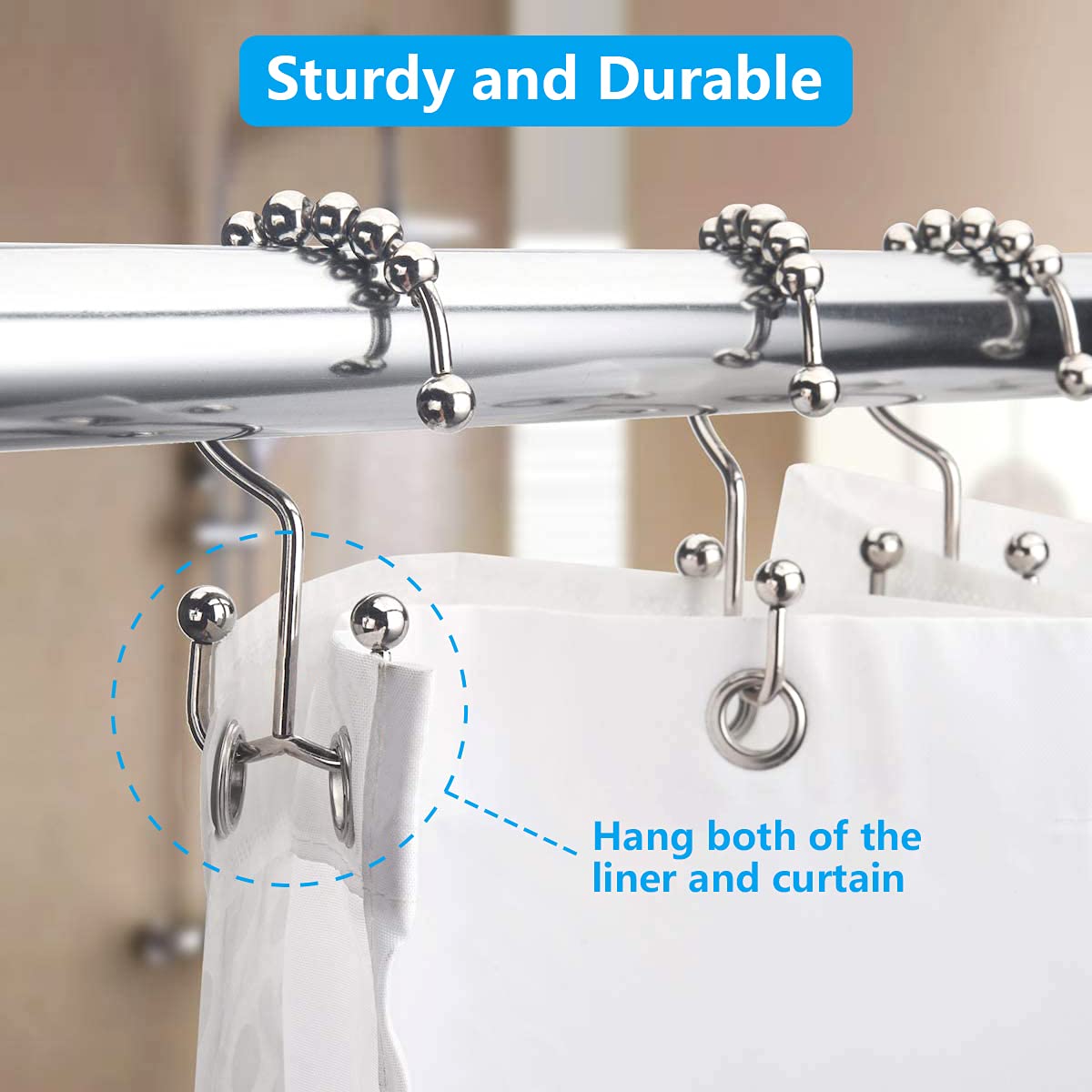 Bathroom Curtain Hooks,Stainless Steel Hook for Curtains,Rust-Resistant Metal Double Hooks Curtain Rings,Rolling Shower Curtain Hooks for Bathroom Shower Curtain Rods Curtains, Set of 10