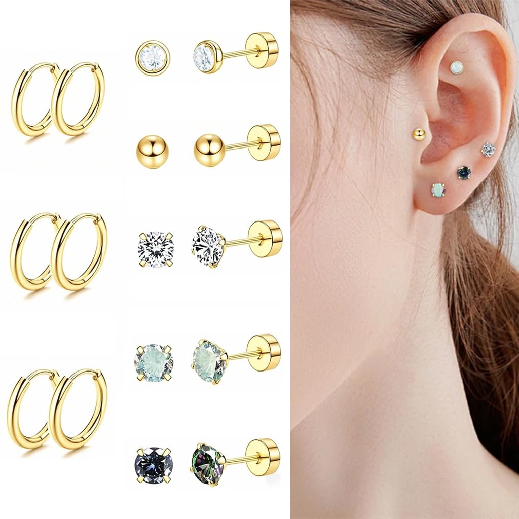 HASTHIP® Pendientes Hipoalergénicos de Espalda Plana para Mujeres 20G Acero Quirúrgico Inoxidable Sensibles Orejas Aros y Studs Pequeños para Piercing Cartílago Apilables