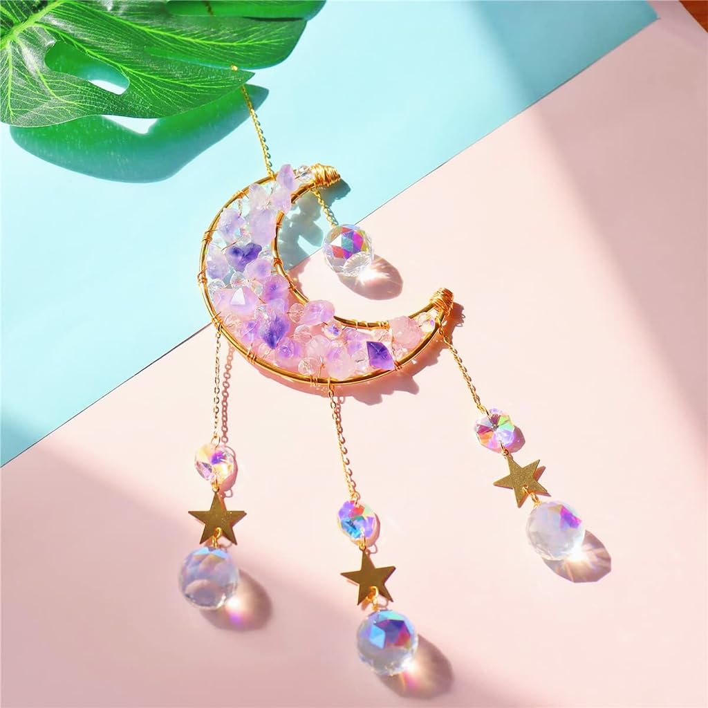 HASTHIP Sparkling Crystal Moon Charm for Home Decor featuring Purple Acrylic Crescent 16.2 in