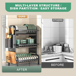 HASTHIP Kitchen Utensils Drying Rack for Storage with 3 Tier 63x42x24.5 cm Carbon Steel | Hook and Cutlery Holder