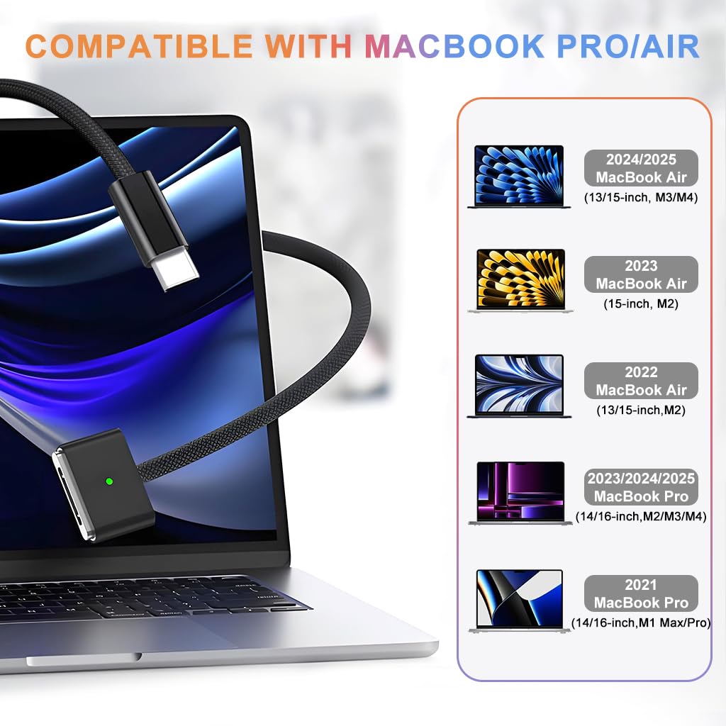 HASTHIP® PD 140W Cable USB C a Magnético 3 de Carga, 2M/6.6Ft Trenzado de Nylon 3 para MacBook Air (15''/13'' M4 2025, M3 2024, M2 2023/2022) y Pro (16"/14" 2024/2023/2021)