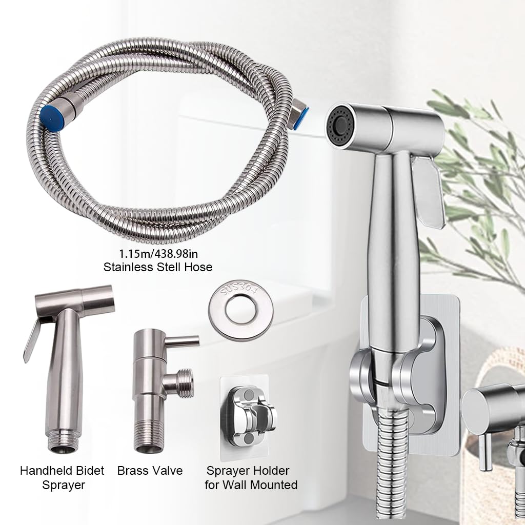 HASTHIP Health Faucet Toilet Spray Gun with 1.15 m Flexible Pipe and Angle Valve | Stainless Steel Pressurized Handheld Sprayer with No Drill Adhesive Bracket
