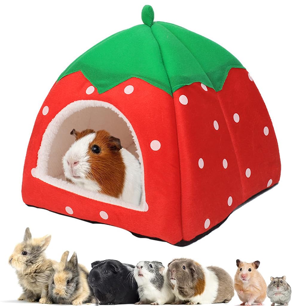 HASTHIP® Cama de Invierno para Mascotas,Cueva de Fresa Suave con Techo,Cama Felpa para Pequeños Animales Casa Acogedora Antideslizante Hámster Cobaya Conejo Hurón Chinchilla