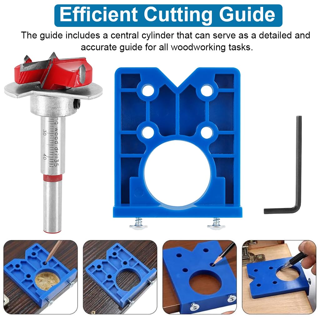 HASTHIP® 35mm Hinge Jig Drill Bits Sets, Concealed Hinge Jig Drill Bit Guide Sets, Door Hinge Boring Jig Hole Saw Cutter Concealed Hinge Jig with Bits Positioner for Cabinet Hinge Mounting Plate