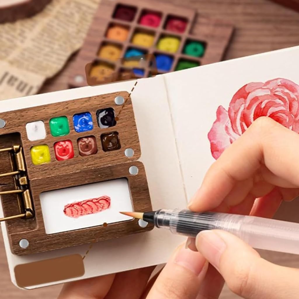 HASTHIP® Pocket Watercolor Acrylic Painting Book 12-Color Acrylic Paints Set with 2.36 inches Mini Acrylic 8-Grid Palette & Brush Pen Travel Sketching Painting Kit Christmas Gift for Kids