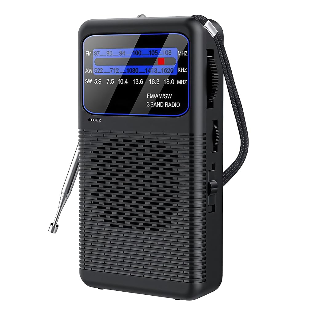 HASTHIP® Radio de Bolsillo con Luz, Radio Exterior FM/AM/SW de 3 Bandas, Toma para Auriculares de 3.5mm, Pantalla LCD, Mini Radio para Camping, Viajes y Emergencias, Funciona con Pilas (Sin Batería)