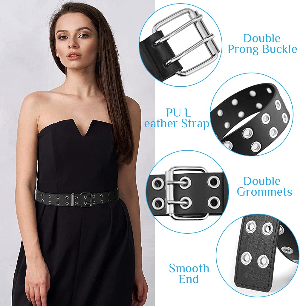 HASTHIP® Cinturón de mujer de cuero gótico con tachuelas,cinturón cintura punk rock con cadena doble,cinturón ajustable para vaqueros vestidos y fiestas accesorios moda negros