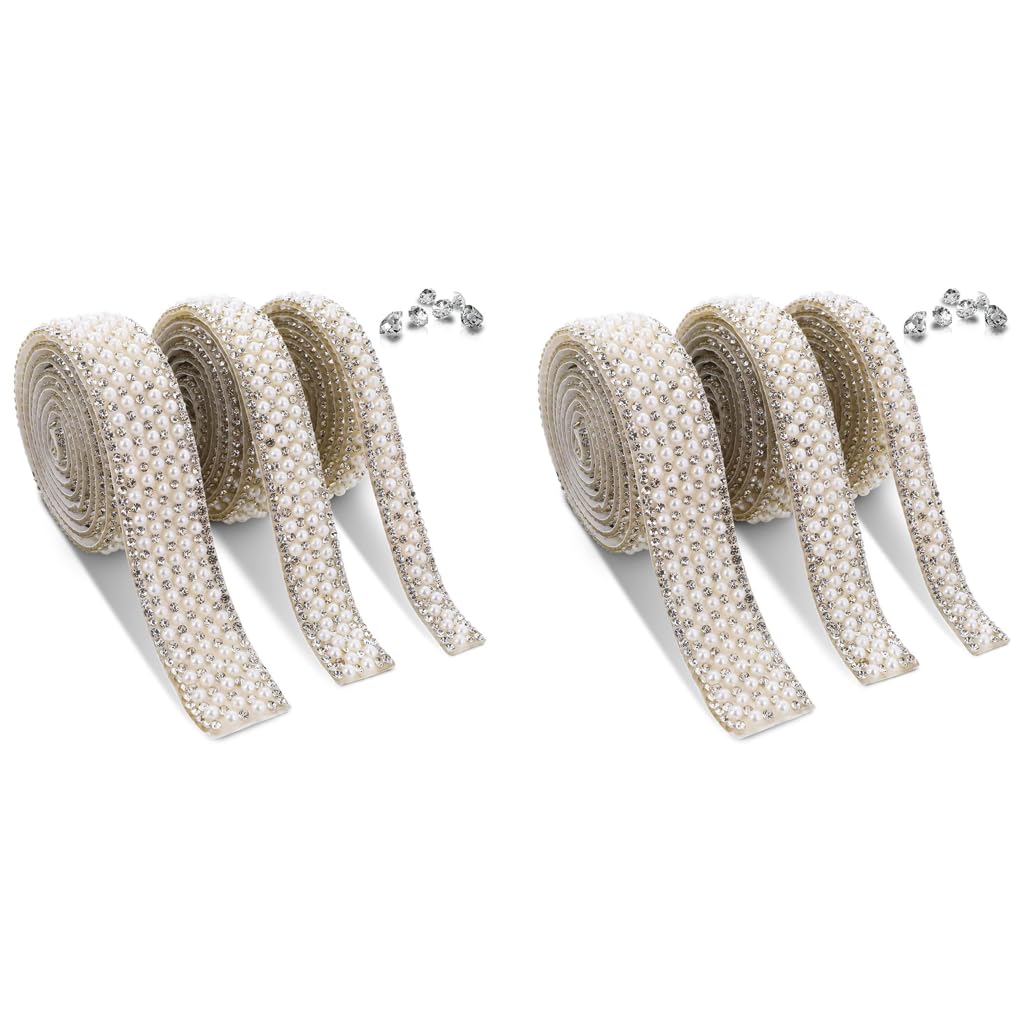 HASTHIP Pearl Rhinestone Ribbon Tape for DIY Decoration featuring Self Adhesive Strips 3 Rolls 1cm 1.5cm 2cm | 1 Yard Per Roll