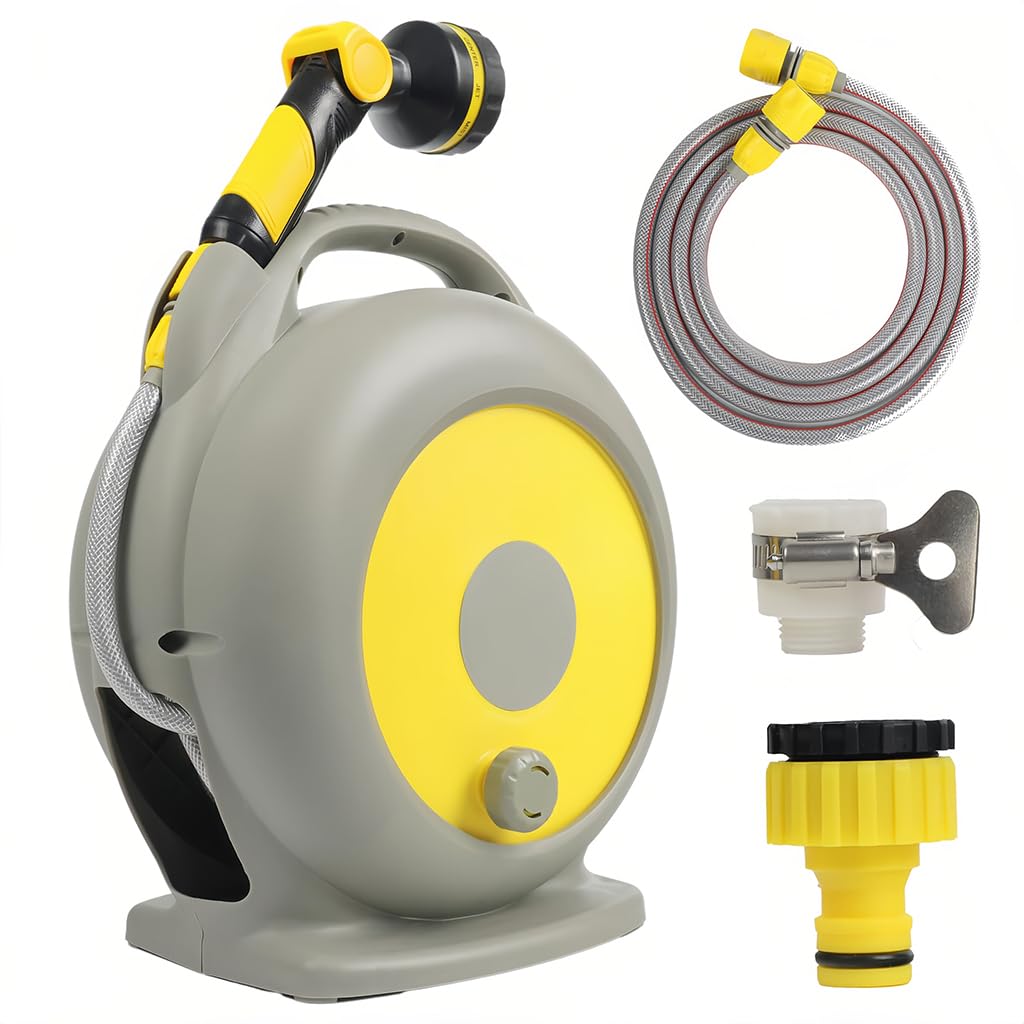 HASTHIP Retractable Garden Hose Reel with 49ft Flexible Hose and Hand Crank | Adjustable Spray Nozzle for Lawn and Car Wash
