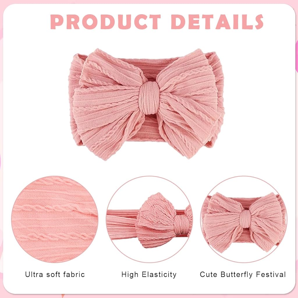 HASTHIP® 3Pcs Hair Bands for Baby Girls 0-24 Months,3-Color Nylon Turban Knotted Pink Bow Baby Girl Hair Bands,Super Soft and Stretchy Headbands for Girl - Accessories