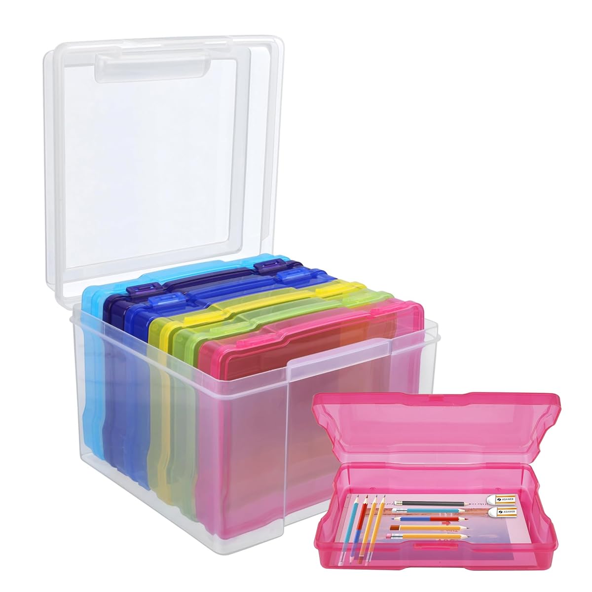 HASTHIP Photo Storage Box for DIY Crafts with 6 Color Sub Boxes 7.2×8.2 in Case | Beige Organizer