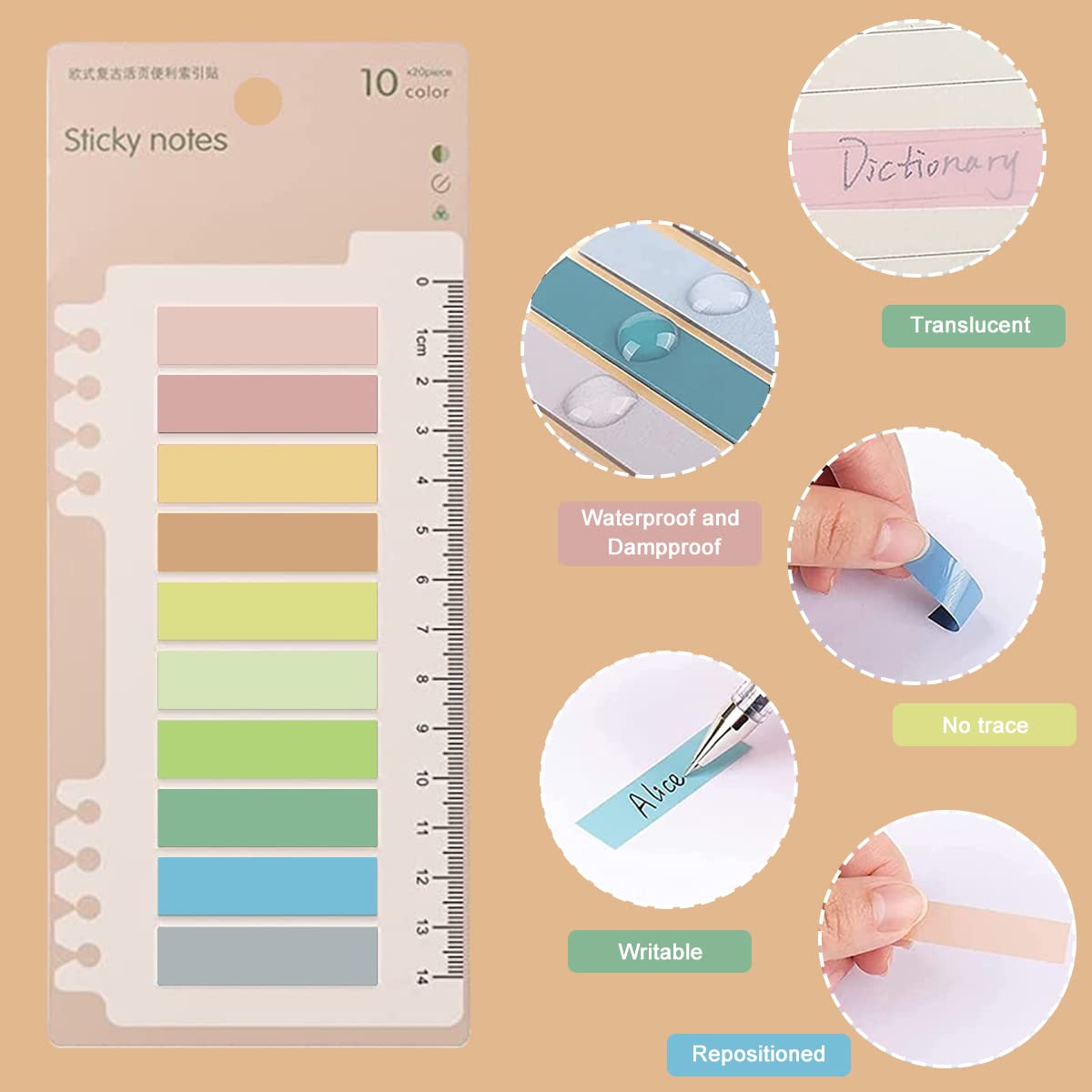 HASTHIP Sticky Tabs for Notebook and Books featuring 600 pcs Set with Ruler PET Material | Morandi Color Index Flags for Office Stationery