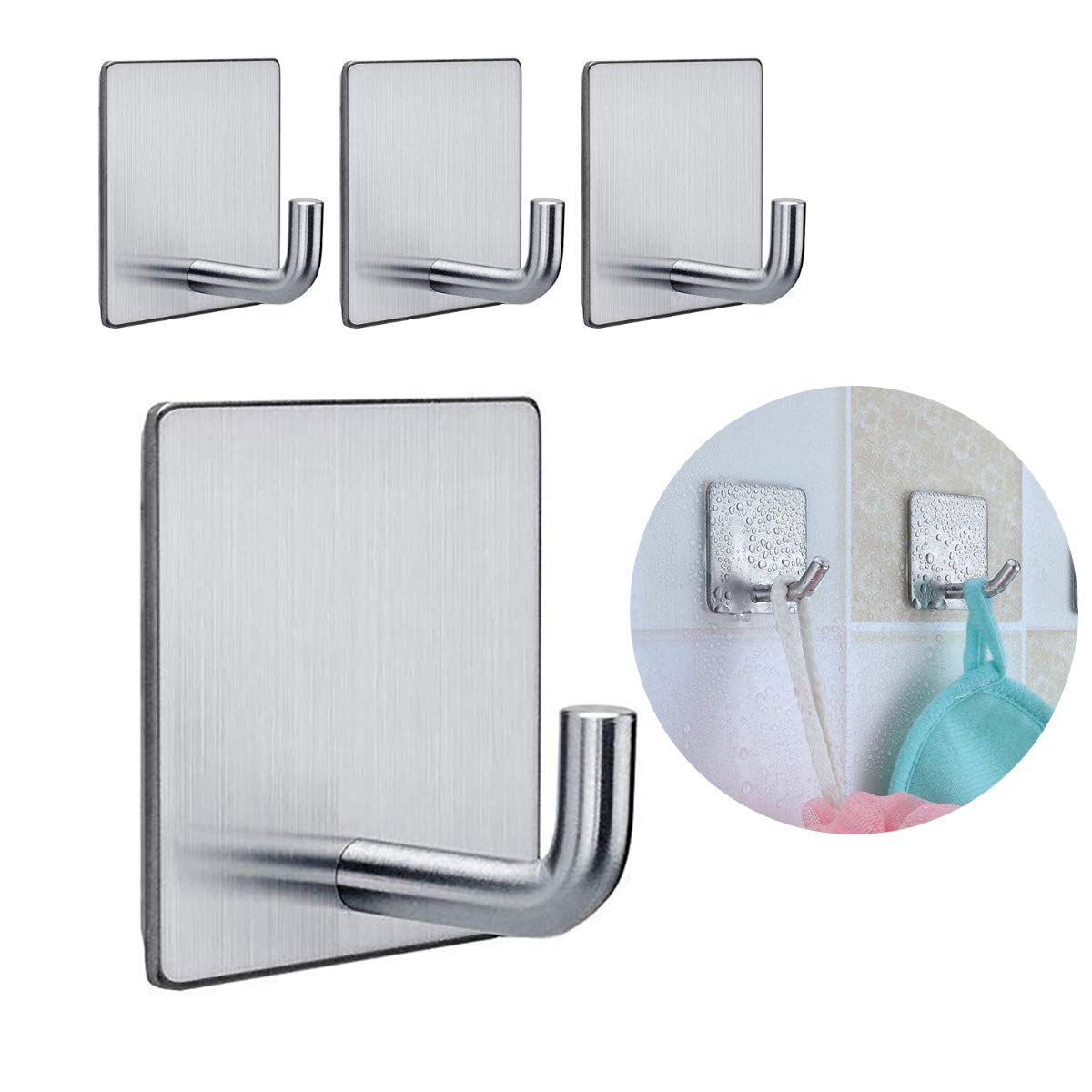 Supvox Self Adhesive Hooks Heavy Duty Stainless Steel Waterproof Shower Stick on Hooks for Hanging Coat, Hat, Towel for Kitchens Bathrooms Offices No Drill Needed-Pack of 4