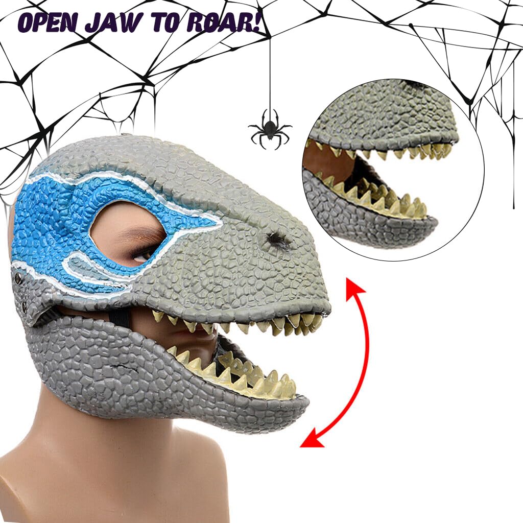 HASTHIP® Máscara de Dinosaurio Jurásico,Dino Mask Realista Velociraptor Blue con Mandíbula Móvil y Sonidos Rugientes,Máscara de Juego Rol Inspirada en Película para Niños y Adultos