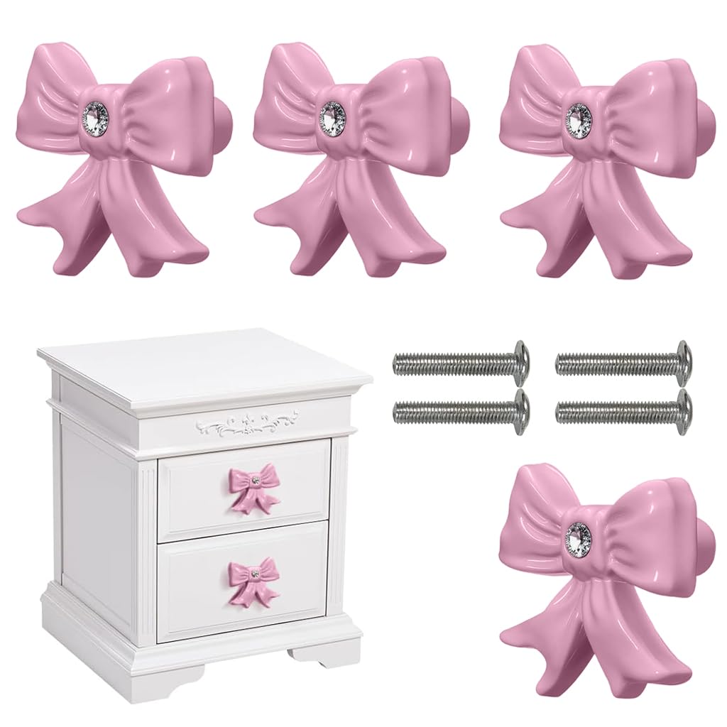 HASTHIP® 4 Pack Sweet Pink Bow Drawer Pulls 1.73x0.73'' Fashion Small Bow Knobs with Rhinestone Centerpiece Accent, Screw-In Alloy Decorative Handles for Dresser Drawer Night Stand