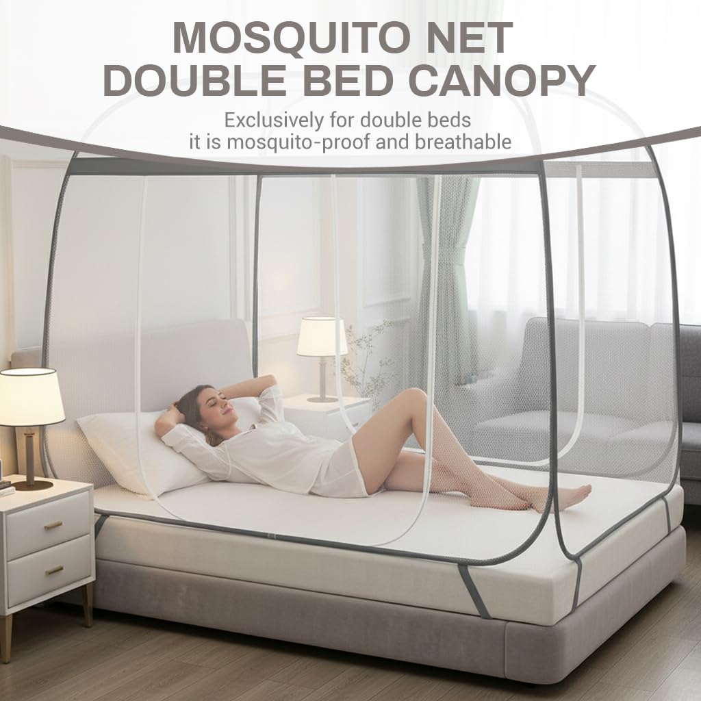 HASTHIP® Double Bed Mosquito Tent Net with Frame,Roofed Fine Mesh Canopy Mosquito Net,No Bottom Design Elastic Strap Fixation Zip-up Dual Door Pop-Up Bed for Bedroom 180x200x145cm