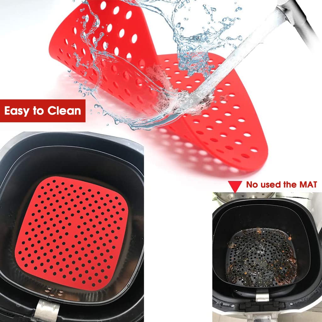 HASTHIP Air Fryer Liners for Easy Cleanup featuring 8.5 in Reusable Food‑Grade Silicone Pads | 2Pcs Red and Black Set
