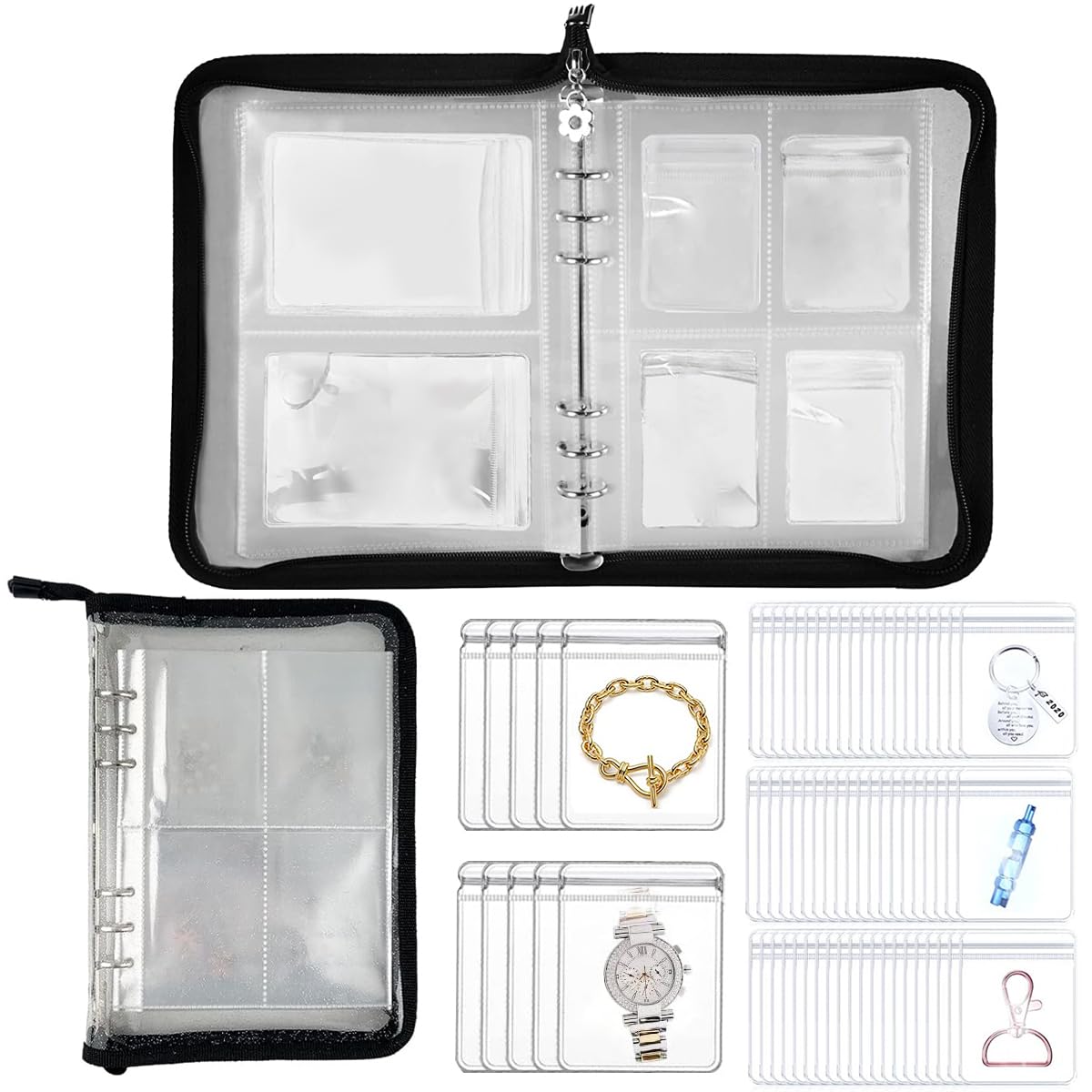 HASTHIP® Jewelry Organizer Travel Earring Organizer Case Transparent Jewelry Storage Book for Necklace Bracelet Ring With PVC Jewelry Pouches Zipper Bags