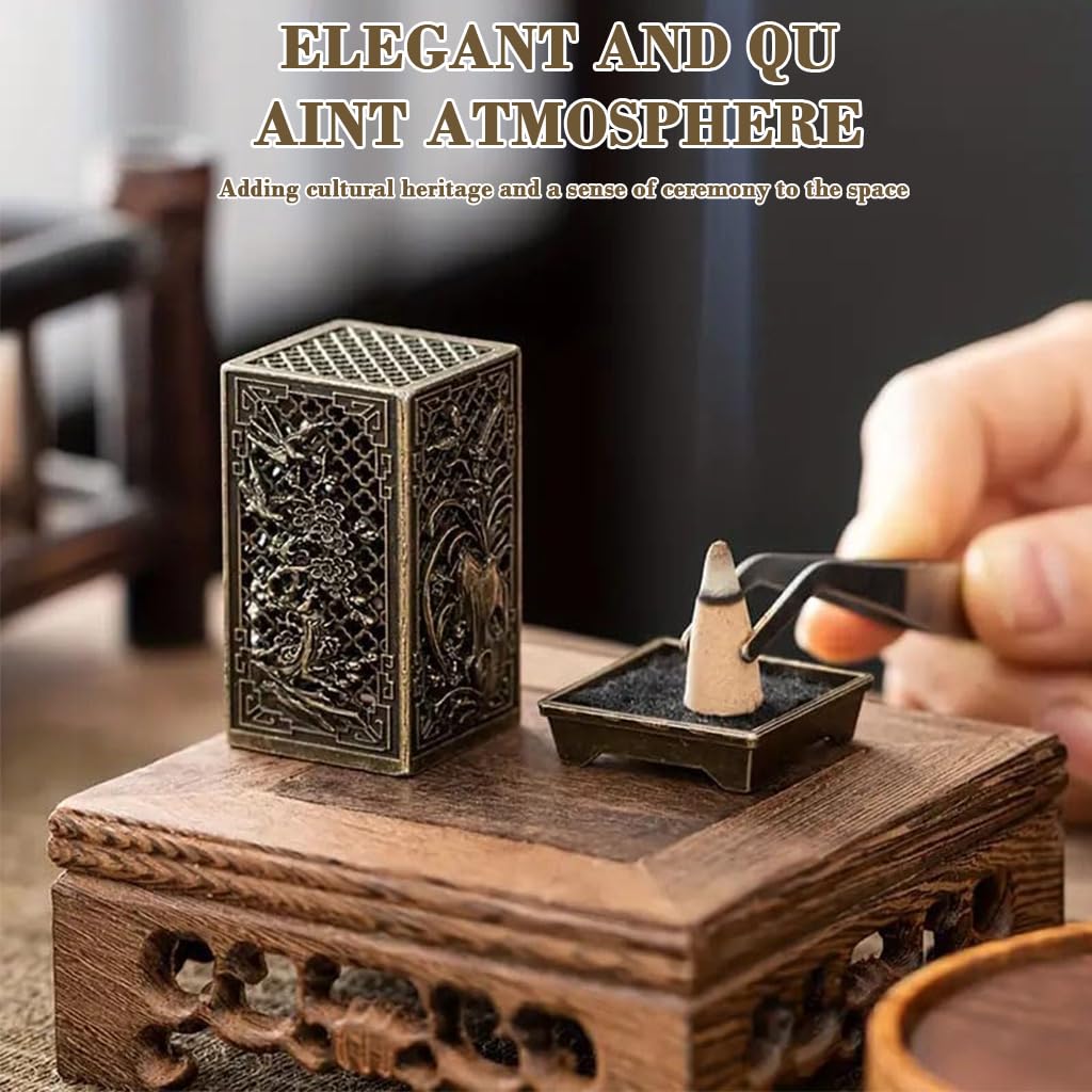 HASTHIP Incense Burner for Indoor Aromatherapy featuring Cutout Grid Pattern 3.4x3.4x6cm Copper Alloy