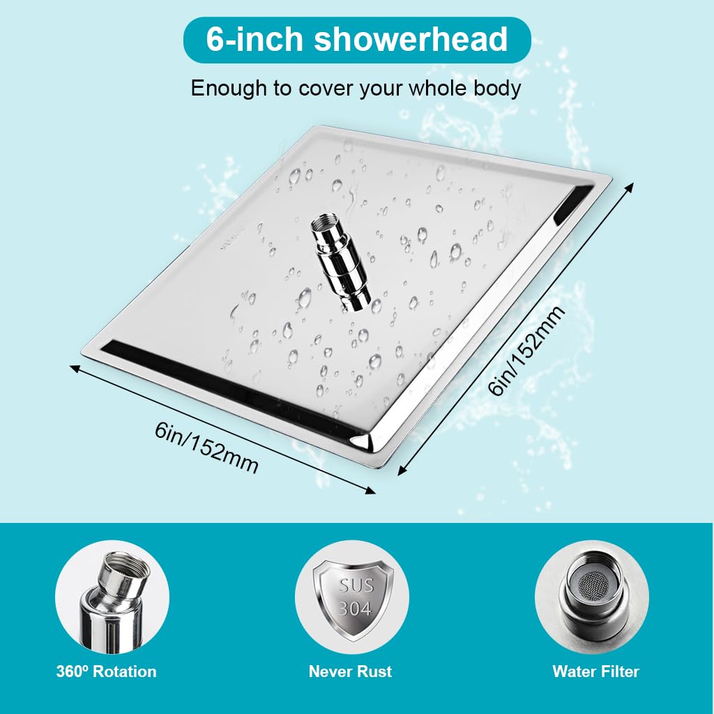 HASTHIP Shower Head for Bathroom with 6 Inch Square Panel and Anti Clog Nozzles | Stainless Steel Rainfall Design