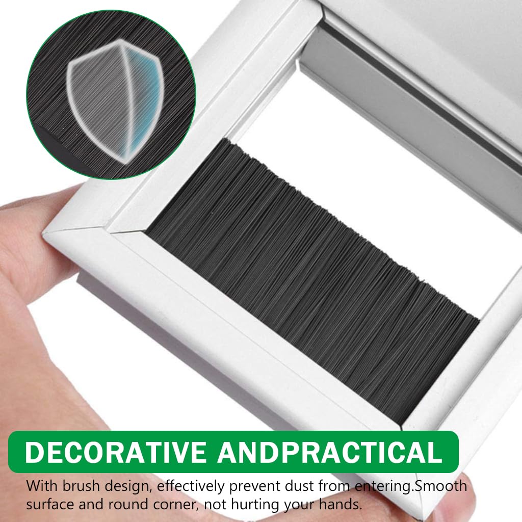 HASTHIP Desk Hole Cap for Office Cable Management 80x80mm with Flip Lid & Brush | Aluminium 3 PCS