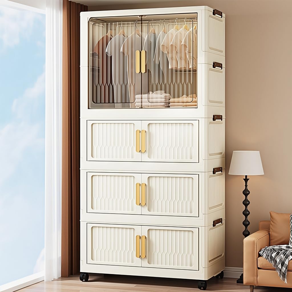 HASTHIP® Mobile Closet Wardrobe with Triple-Layer Drawer, 55x33x114cm Stackable Folding Cabinet with Door, Universal Caster Wheels with Brake, Freestanding Easy Wardrobe Home Organizer