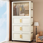 HASTHIP® Mobile Closet Wardrobe with Triple-Layer Drawer, 55x33x114cm Stackable Folding Cabinet with Door, Universal Caster Wheels with Brake, Freestanding Easy Wardrobe Home Organizer