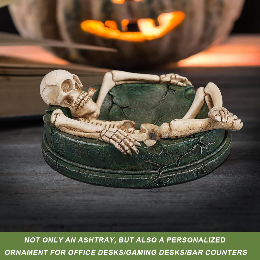 HASTHIP Skeleton Ashtray for Halloween Decor with 3 Cigarette Slots and Resin Craft 4.3x4.9 in