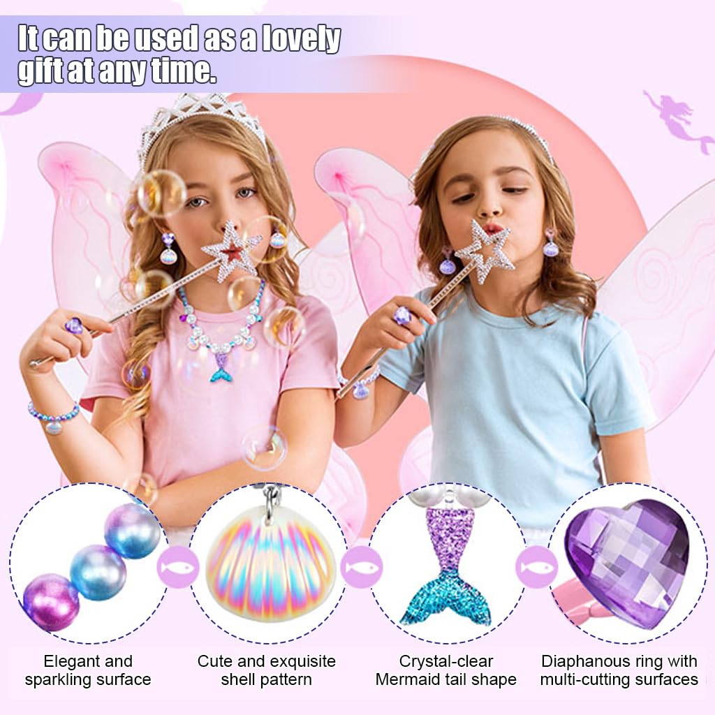 HASTHIP® Mermaid Kids Jewellery Set, Necklace Bracelet for Girls Kids, Jewellery Set for Kids, Mermaid Princess Crown, Earrings and Ring for Girls Birthday Dress up Party, Gift for 5-12 Years Old