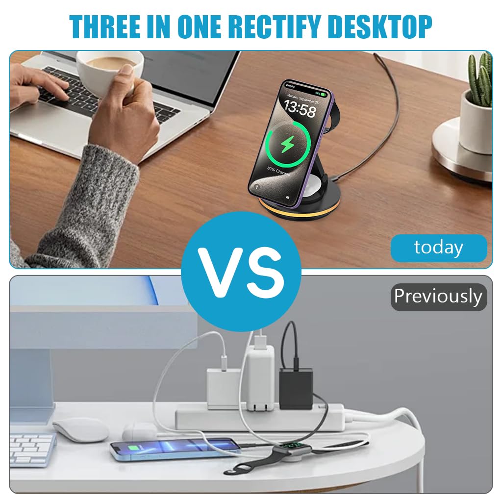 Magnetic Wireless Charger for iPhone 3 IN 1 Wireless Magentic Charger for iPhone, iWatch & Airpods Fashion Travel Folding Wireless Magentic Charger with Light