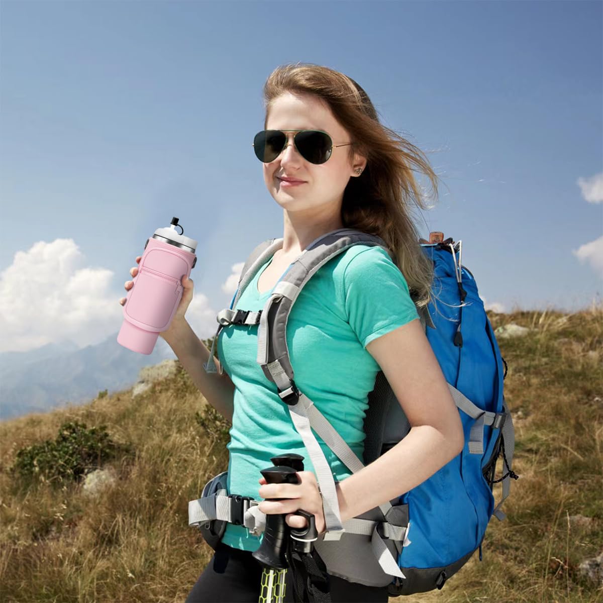 HASTHIP Water Bottle Carrier Bag for Stanley 30 oz Tumbler with Phone Pocket and Adjustable Strap | Pink Neoprene Holder