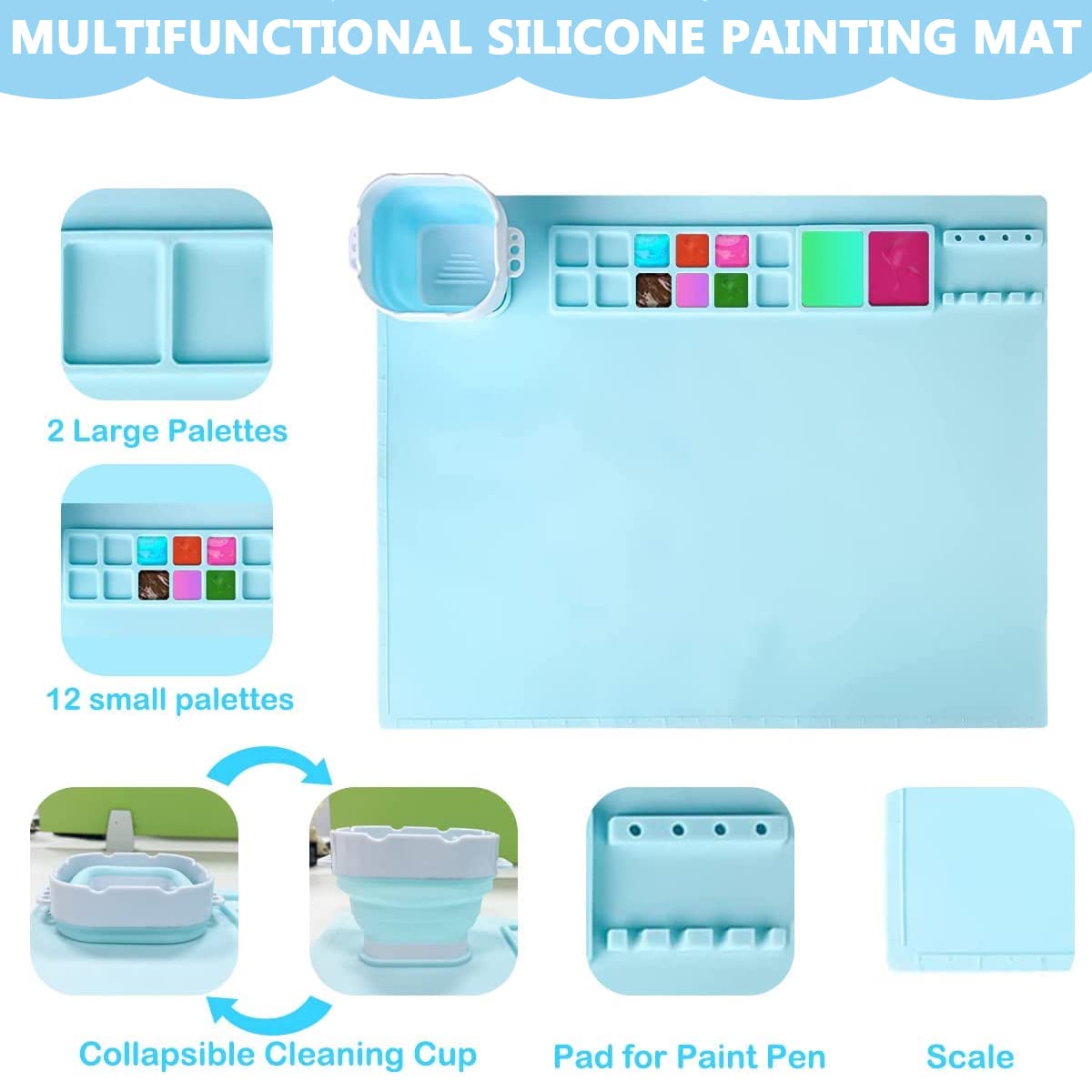 HASTHIP Silicone Craft Mat for Painting and Clay with Magnetic Cleaning Cup | 50×40cm Non-Stick Sheet for Kids Arts and Crafts