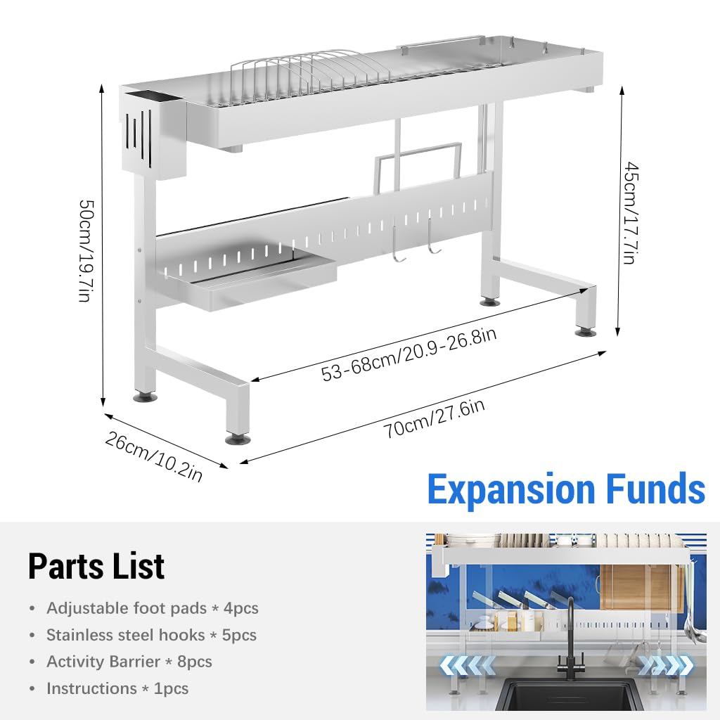 HASTHIP Adjustable Over Sink Dish Rack for 53–68 cm Sinks featuring Double Layer Stainless Steel Organizer