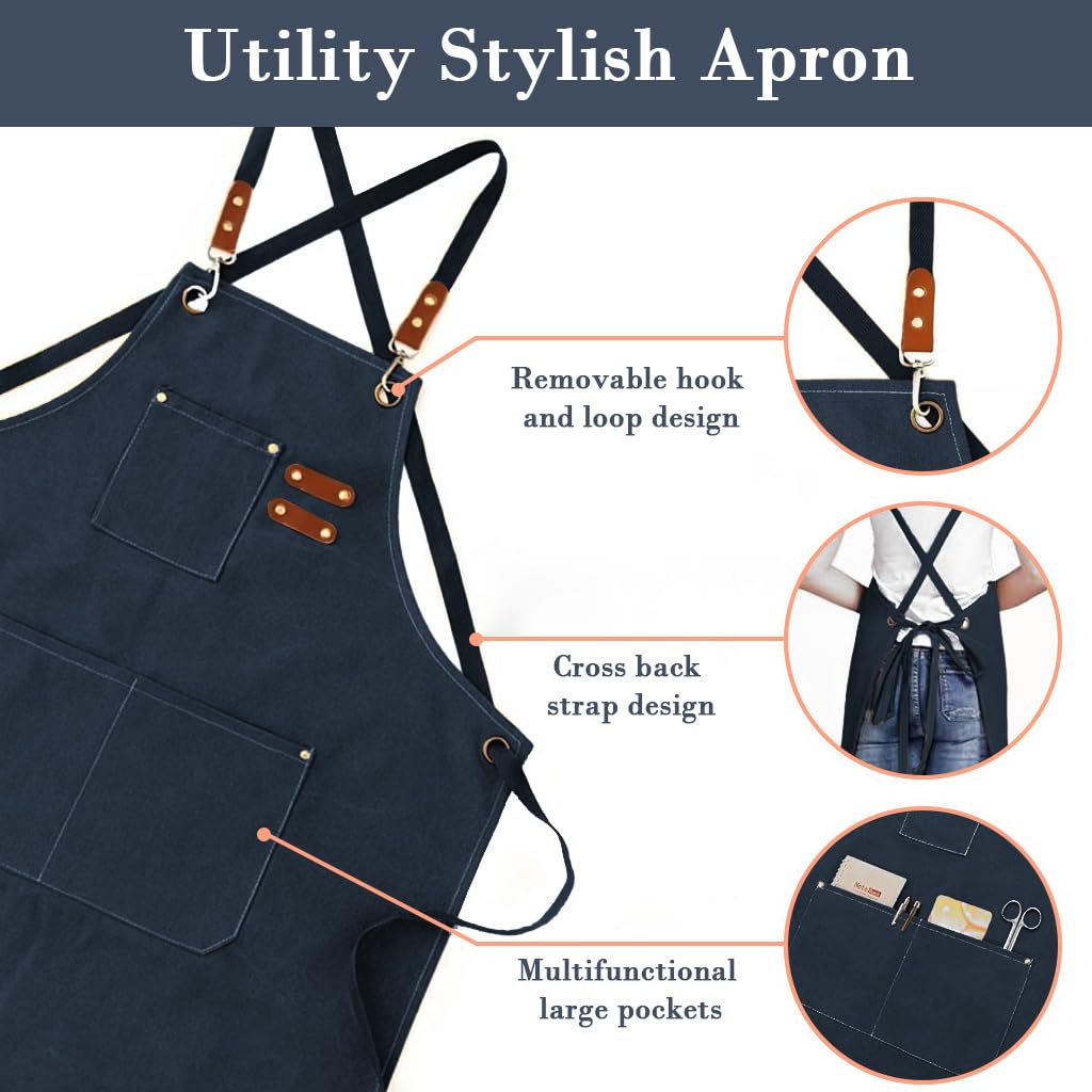 HASTHIP Canvas Work Apron for Kitchen and Workshop with Metal Eyelets and Multi Pockets | Dark Blue Adjustable Tie Back