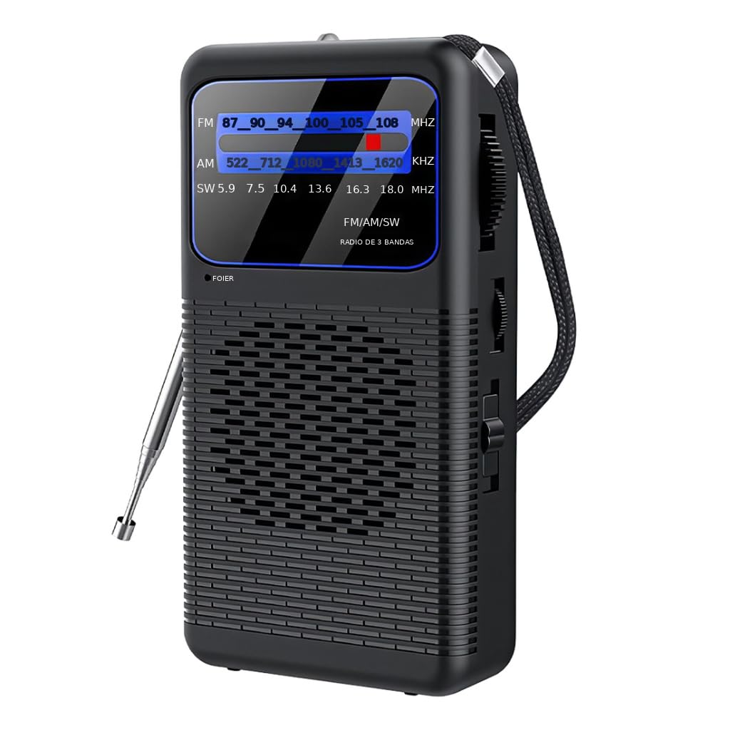 HASTHIP® Radio de Bolsillo con Luz, Radio Exterior FM/AM/SW de 3 Bandas, Toma para Auriculares de 3.5mm, Pantalla LCD, Mini Radio para Camping, Viajes y Emergencias, Funciona con Pilas (Sin Batería)