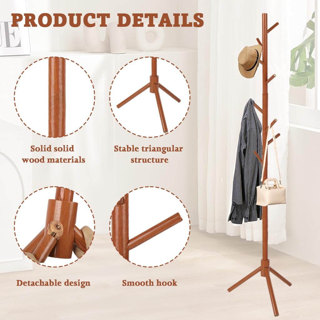 HASTHIP® Solid Wood Coat Hanger, 67.7'' Minimalist Cloth Stand for Bedroom, Coat Stand with 8 Twig Hooks, Freestanding Clothes & Hat Hanger