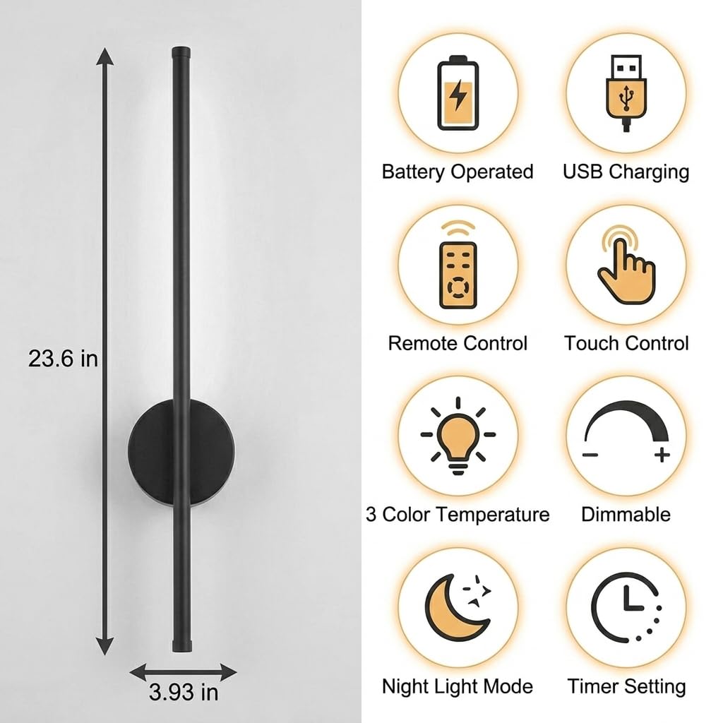 HASTHIP® 3-Color LED Wall Sconce 23.6in Luxury Golden Finish Modern Wall Stick Light Set, Dimmable Wall Lamp with Remote & Touch Control, USB Rechargeable Wall Lamp