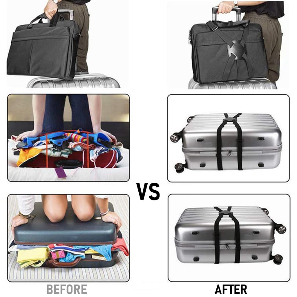 2Pcs Luggage Straps Bag Bungees for Add a Bag, Adjustable Elastic Travel Suitcases Luggage Bags Strap Belt with Buckles - Black