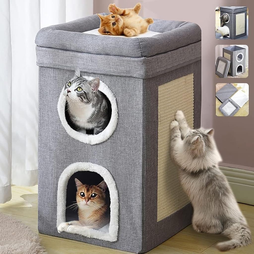 HASTHIP® Foldable Cat House, Cat Bed for Indoor Cats, for Cat Multi Opens Game Tunnel for Cat Double Layer Cat House with Atop Platform & Cat Scratcher Board DIY Assembly Cat House All Season Use