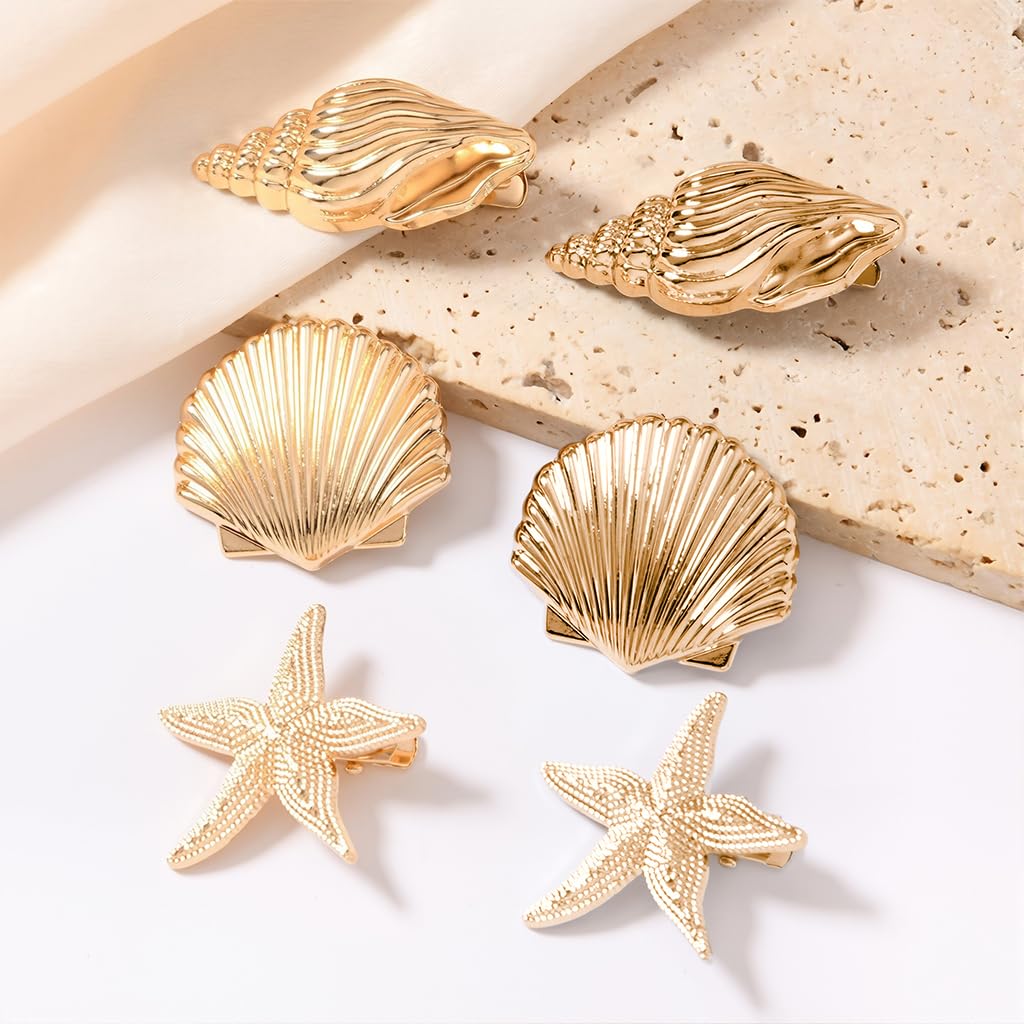 HASTHIP 6-Pack Gold Starfish & Seashell Hair Clips for Women and Girls