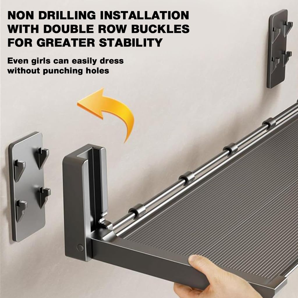 HASTHIP Kitchen Rack Wall Mounted for Space Saving with 5 Hooks and 22x7 in Foldable Shelf | No Drill Organizer for Condiments and Utensils