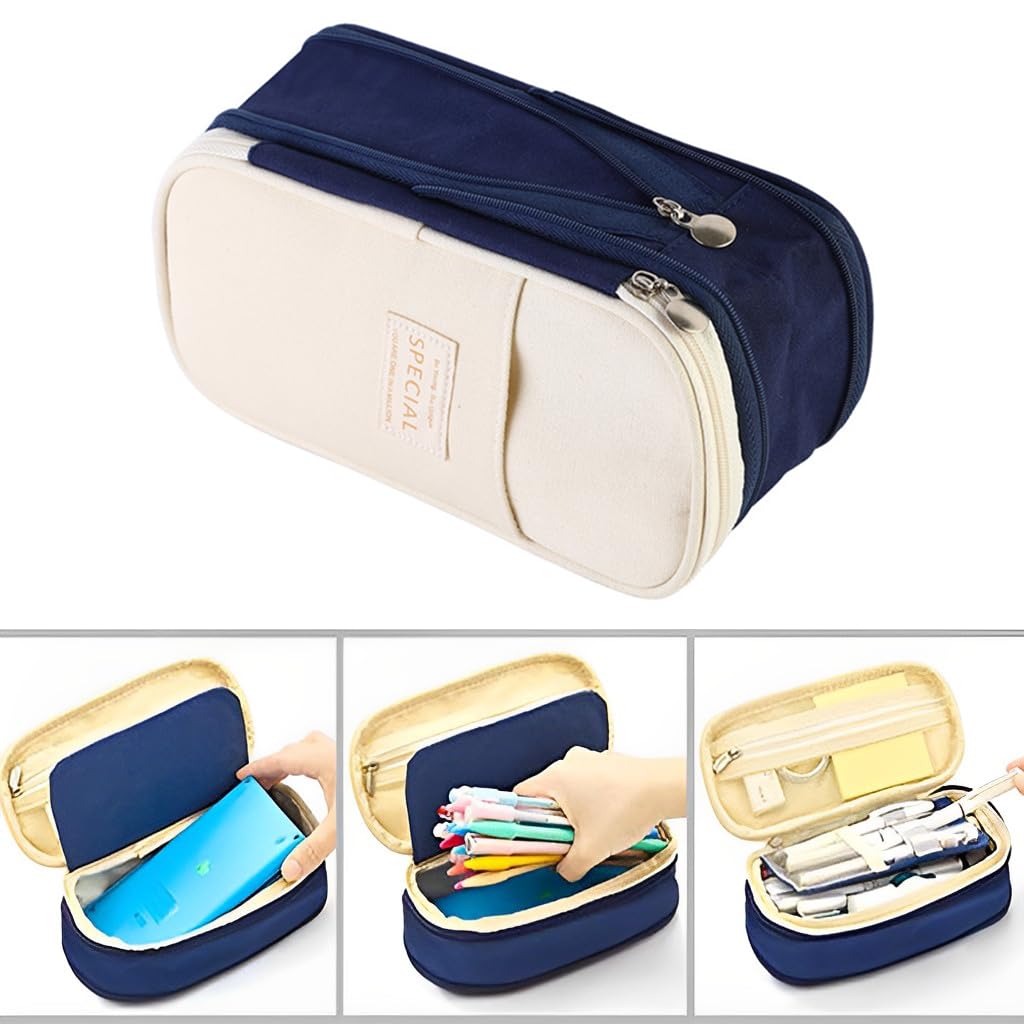 HASTHIP Pencil Pouch for Kids and Students with Double Zipper and Multi Compartments | 22x11cm Navy Blue 3 PCS