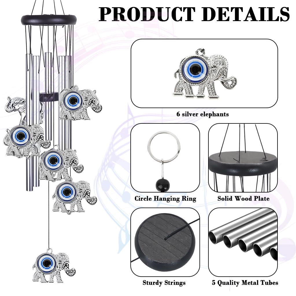 HASTHIP Evil Eye Elephant Wind Chimes for Home Décor with 25 in Aluminum Tubes | Blue Charm for Positive Energy
