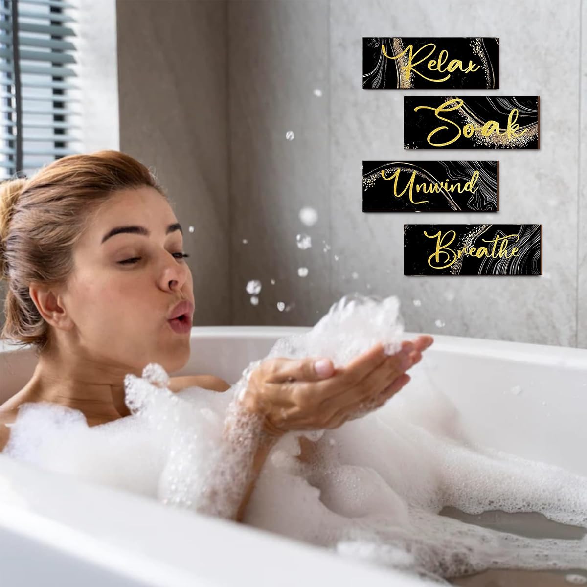 HASTHIP Wooden Wall Hangings for Home Decoration featuring 4 pcs 10 x 4 in Rustic Signs | Relax Soak Unwind Breathe Decor