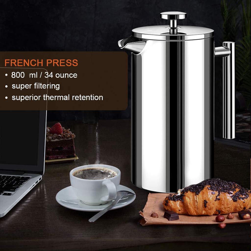 French Press Coffee Maker 800ML Double Insulated 304 Stainless Steel Coffee Maker with 4 Level Premium Filtration System, Rust-Free, Dishwasher Safe