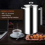 French Press Coffee Maker 800ML Double Insulated 304 Stainless Steel Coffee Maker with 4 Level Premium Filtration System, Rust-Free, Dishwasher Safe
