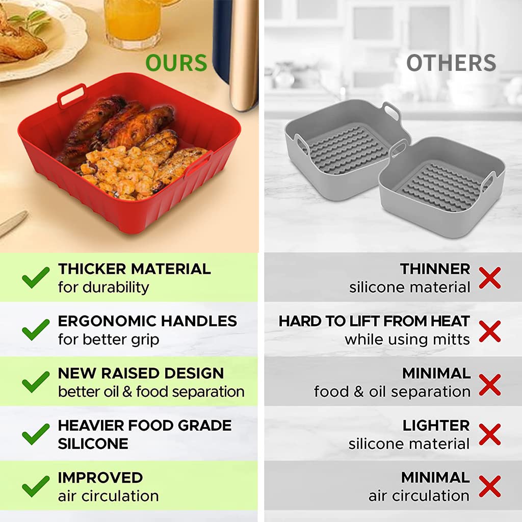 HASTHIP Air Fryer Silicone Baking Tray, 8.2 Inch Non-Stick Silicone Air Fryer Liners for 4-7QT, Reusable Square Air Fryer Oven Pot with Anti-Scalding Handles, Food Safe Air Fryers Accessories (Red)