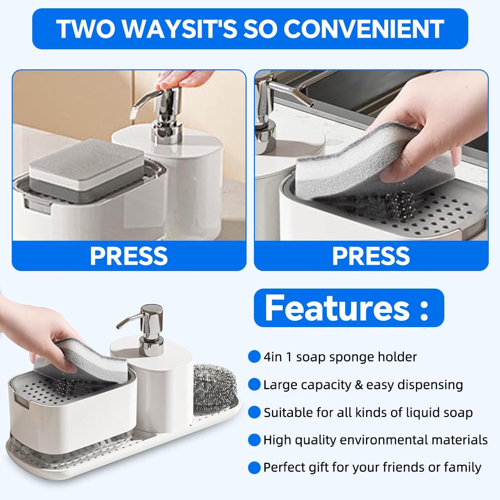HASTHIP 4 in 1 Soap Dispenser for Kitchen Sink with Organizer and Sponge | Compact White Design