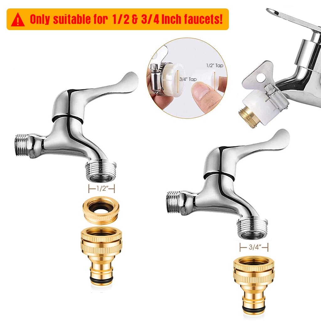 HASTHIP Garden Hose Tap Connector Set for 1/2 and 3/4 Inch Faucets with 360° Rotation | Solid Brass 8PCS Quick Connect Adapters